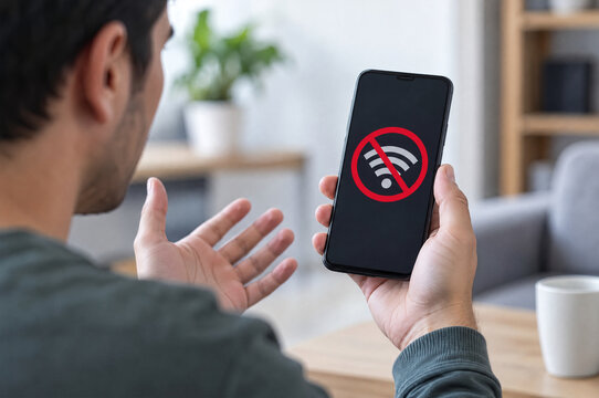 No wifi connection icon on smartphone screen, frustrated man holding phone with disconnected internet error, poor signal and network failure concept