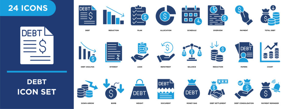 Debt icon pack flat illustration contains reduction, plan, allocation, schedule, overview, payment, total debt