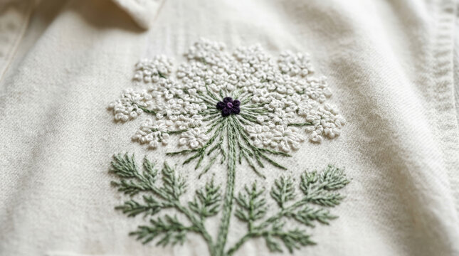 Delicate white Queen Annes lace flower embroidery stitched onto cream linen garment offers elegant botanical detail for fashion.