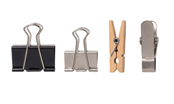 Various office clips including binder, wooden, and metal paper clips