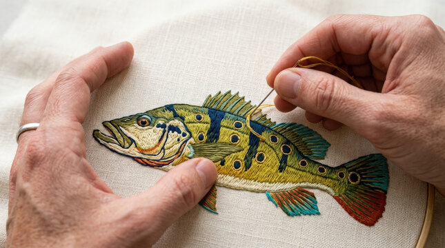 Detailed bass fish embroidery design on natural linen fabric showing precision needlework for rustic home decor crafts art.