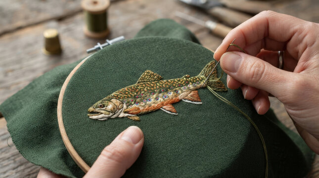 Detailed brook trout embroidery on forest green linen fabric within wooden hoop for artisan home decoration creative projects.