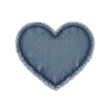 Blue denim heart shape fabric patch isolated on transparent background