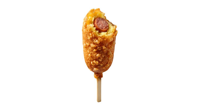 Bitten corn dog on a stick isolated with exposing sausage inside on transparent background