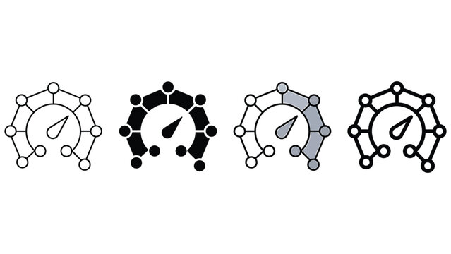 Set of four digital speedometer icons with modern node network connection design