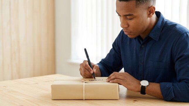 Young man writing shipping address with pen on wrapped cardboard parcel at wooden table