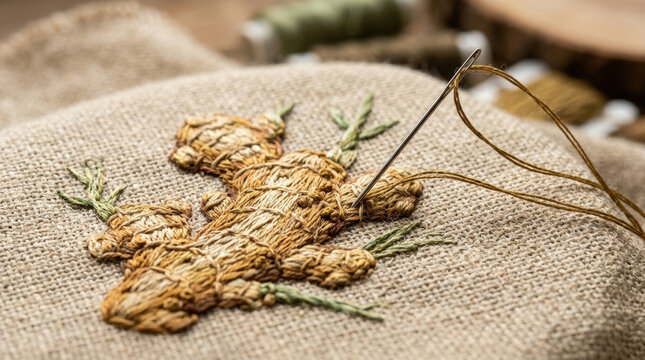 Detailed ginger root embroidery design with brown thread on coarse burlap fabric for rustic culinary themed kitchen wall decor.