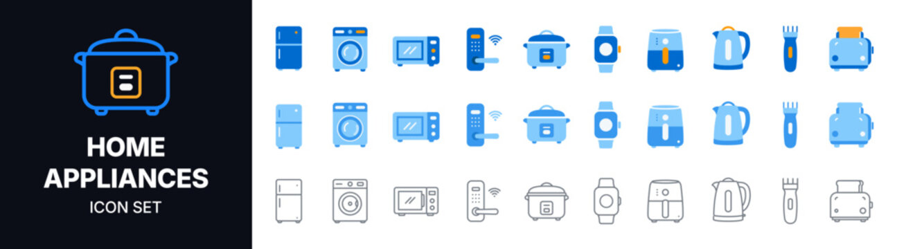 Home Appliances Line Icon Pack with Refrigerator, Washing Machine, Microwave Oven, Rice Cooker, Electric Kettle, Toaster, Fan, Watch and Kitchen Equipment in Blue Vector Style