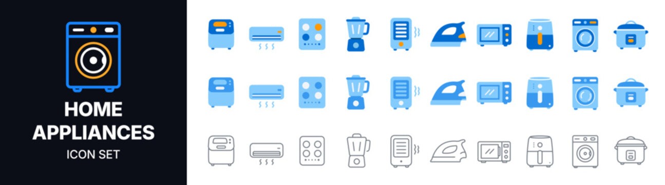 Home Appliances Icon Pack with Washing Machine, Air Conditioner, Stove, Blender, Heater, Iron, Microwave, Coffee Maker, Rice Cooker and Kitchen Equipment in Blue Gray Vector Style