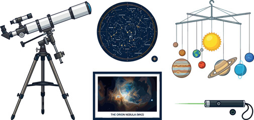Astronomy Hobby Vector Set with Telescope on Tripod Star Constellation Map Solar System Mobile Orion Nebula Poster and Laser Pointer © Mst Rebeka