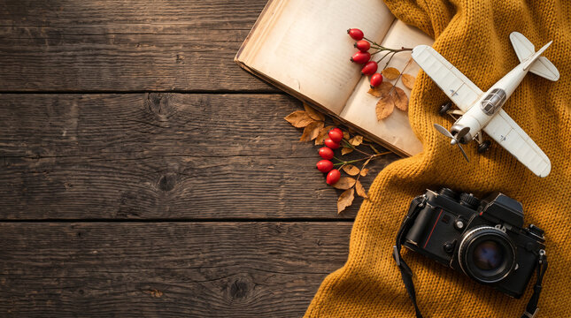 Vintage camera open book and toy airplane on yellow sweater over wooden table