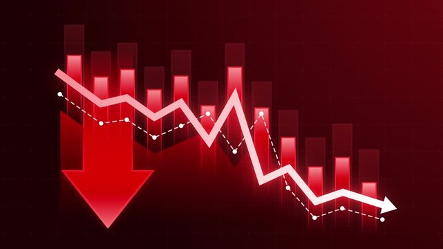 Red downward arrow and falling stock market chart indicating business loss and financial decline. Animation concept for recession, investment risk, volatility and negative economic trends