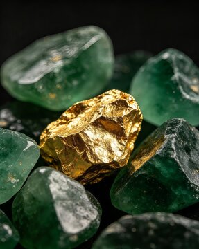 Shiny raw gold nugget surrounded by dark green jade stones, highlighting precious minerals, wealth, and natural value.