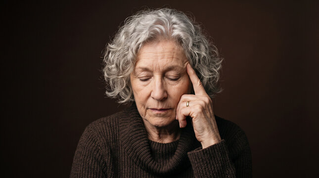 Thoughtful elderly woman touching her temple while looking down in dark room