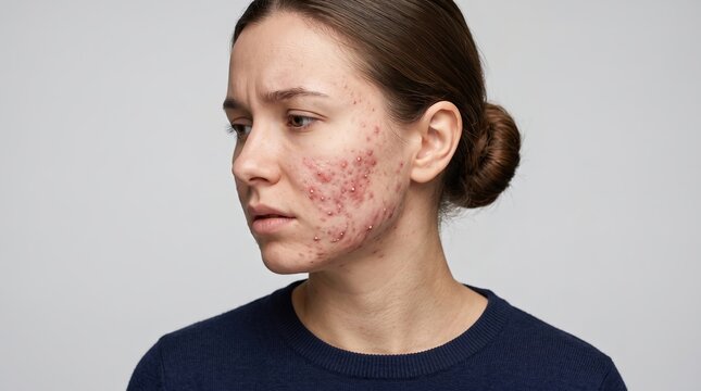 Young Woman Facing Severe Facial Acne Inflammation and Skin Rash