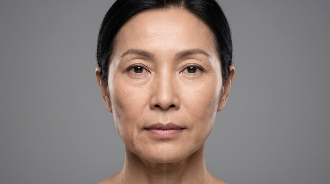 Split Screen Comparison of Asian Woman Face Before and After Anti-Aging Skincare