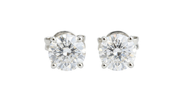 Pair of round brilliant cut diamond stud earrings with diamonds set on transparent background