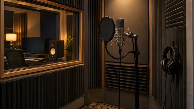 Empty recording studio vocal booth with a microphone and headphones