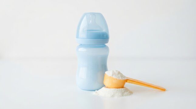 Baby bottle with formula milk powder and a measuring scoop isolated on white background