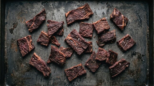 Pieces of seasoned beef jerky scattered on a dark, textured metal baking sheet