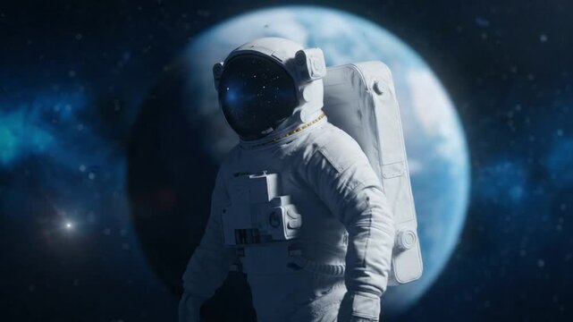 Astronaut in spacesuit floating in deep space orbit with planet Earth background.