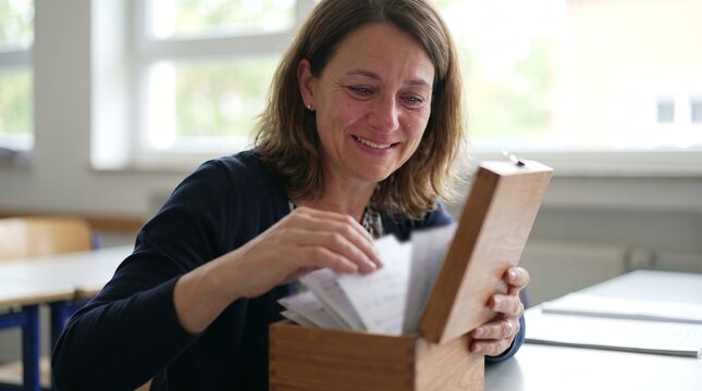 World teachers' day educator smiling while organizing flashcards in a wooden box at school with teachers education teaching