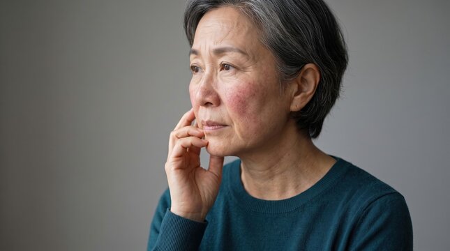 Middle aged Asian woman with rosacea facial redness touching sensitive irritated cheek