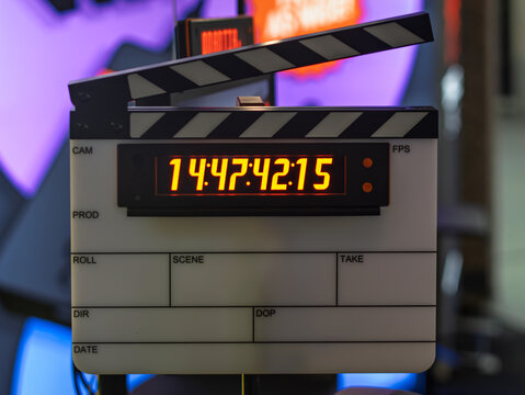 Film Production Clapperboard Close-Up with Timer Display