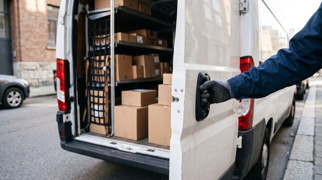 Delivery driver opening van back door loaded with cardboard boxes