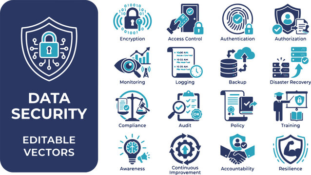 Data Security, Cybersecurity, and Information Protection Flat Vector Icon Set.