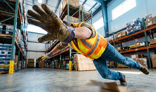 Warehouse worker falling over object on concrete floor in industrial storage facility, workplace accident and safety hazard concept.