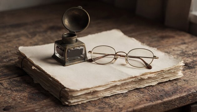 Antique inkwell and round wire-rimmed spectacles resting on a blank manuscript page, vintage scholar writing concept on rustic wooden desk