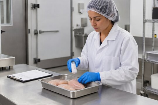 Food safety worker checking delivered chicken temperature