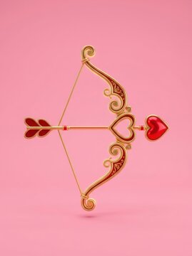 A golden bow and arrow are centered against a pink background. The bow is decorated with hearts and a red arrow is aimed towards the center.