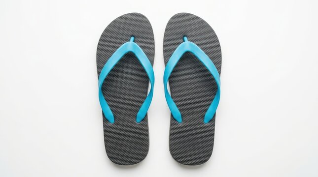 Pair of black flip flops with blue straps isolated on white background