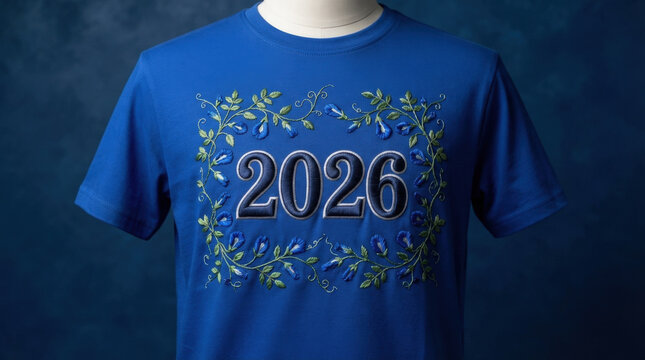 Professional blue tshirt with circular floral embroidery frame and 2026 text logo for modern fashion collection merchandising item.
