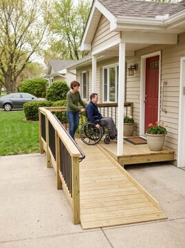A woman assists a man in a wheelchair onto a ramp leading to a porch. The couple stands on a wooden deck with a handrail.