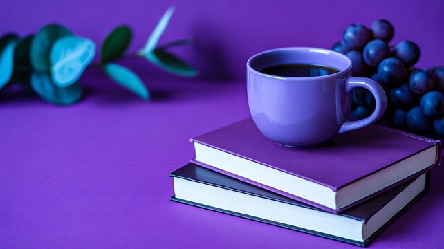 Purple coffee cup with blueberries and books on a colorful background
