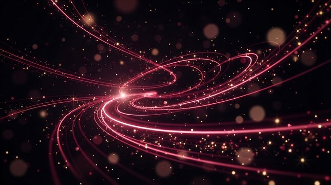 Glowing red light streaks circling in a dark space with particles abstract vortex swirling light