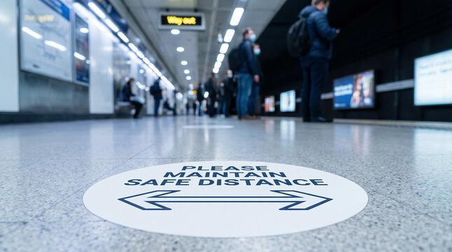 Social distancing sticker on subway platform floor with blurred commuters, public health safety measure.