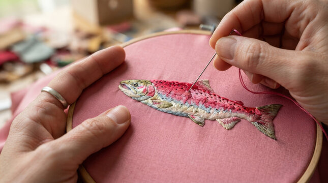 Close up hands embroidering vibrant colorful salmon fish on muted rose pink fabric for specialized textile art craft projects.