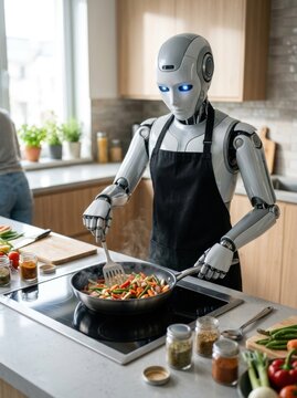 A humanoid robot wearing an apron is cooking vegetables in a frying pan on a stovetop. The robot is standing in a modern kitchen, assisting a person who is preparing food on a cutting board.
