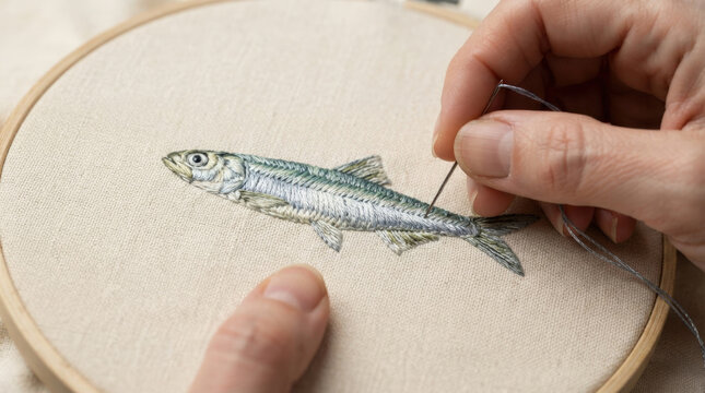 Close up hands using metal needle to create detailed fish embroidery on canvas fabric hoop for creative sewing craft projects.