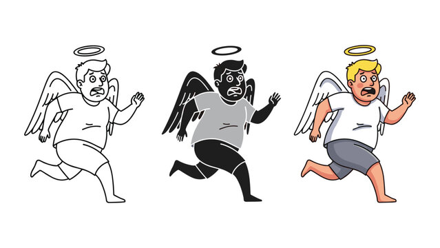 Scared running angel boy vector character illustration