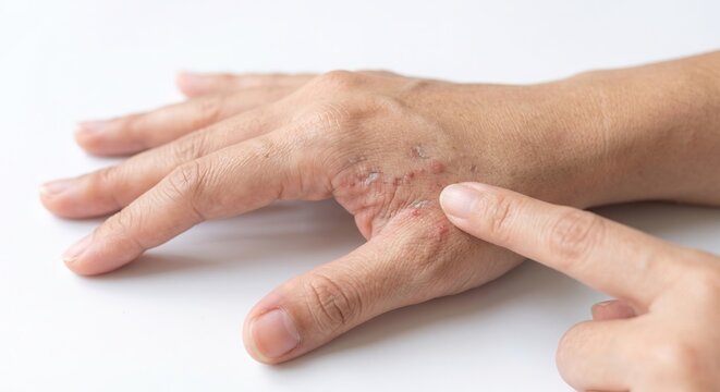 Woman pointing at itchy allergic rash with red bumps and vesicles on dorsal hand