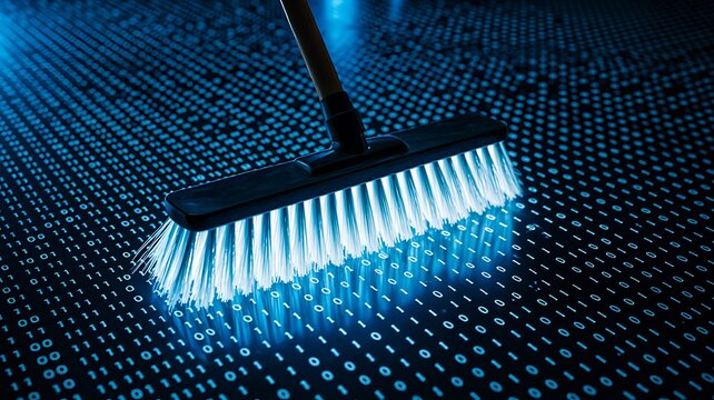 Digital data cleaning concept with a broom sweeping binary code on a dark technology background