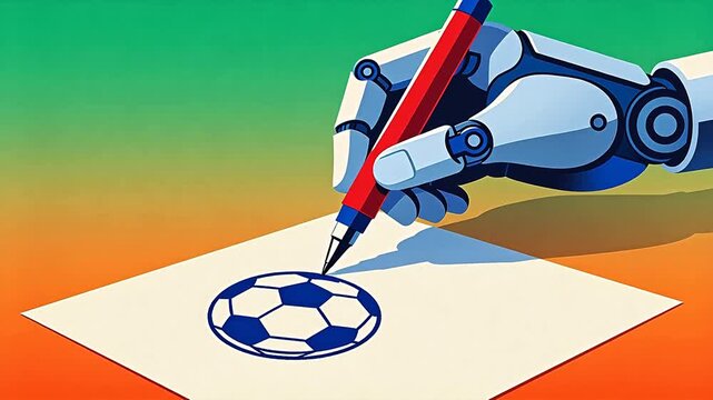 Robotic hand holding red and blue pencils drawing soccer ball pattern on white paper with gradient background