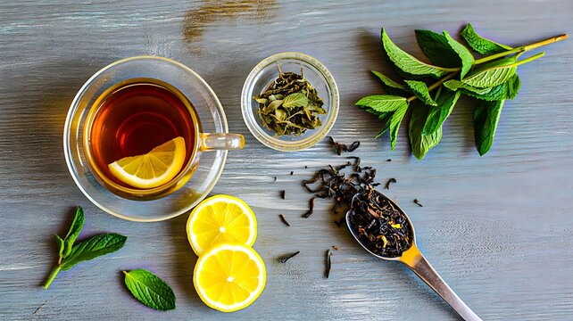 Herbal tea with lemon mint and dried leaves on rustic wooden table