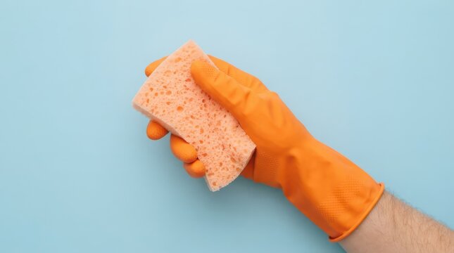 Hand in an orange rubber glove holding a cleaning sponge against a light blue background