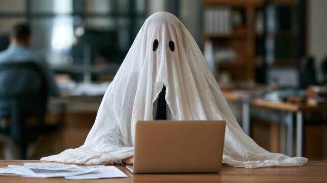 Employee wearing a ghost costume working on a laptop at a wooden desk in an office